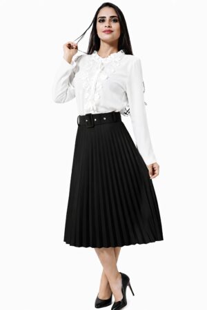 Saia Plissada Midi Com Cinto Preto