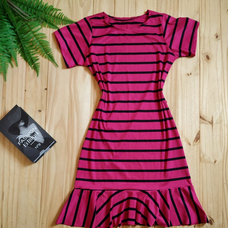 Vestido Midi com Babado -Tecido Canelado -Rosa Pink