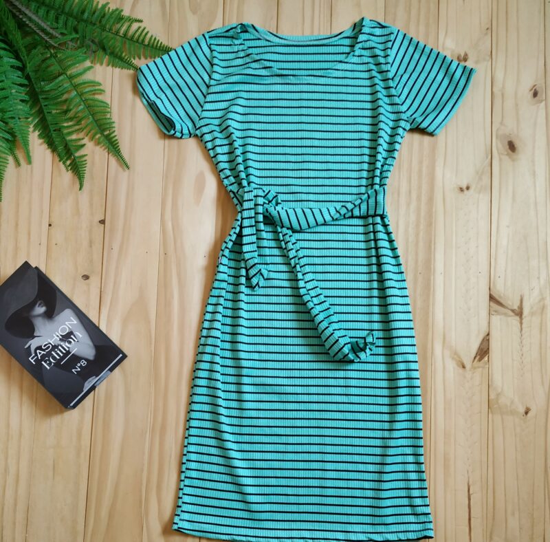 Vestido Midi com Laço Tecido Canelado Verde