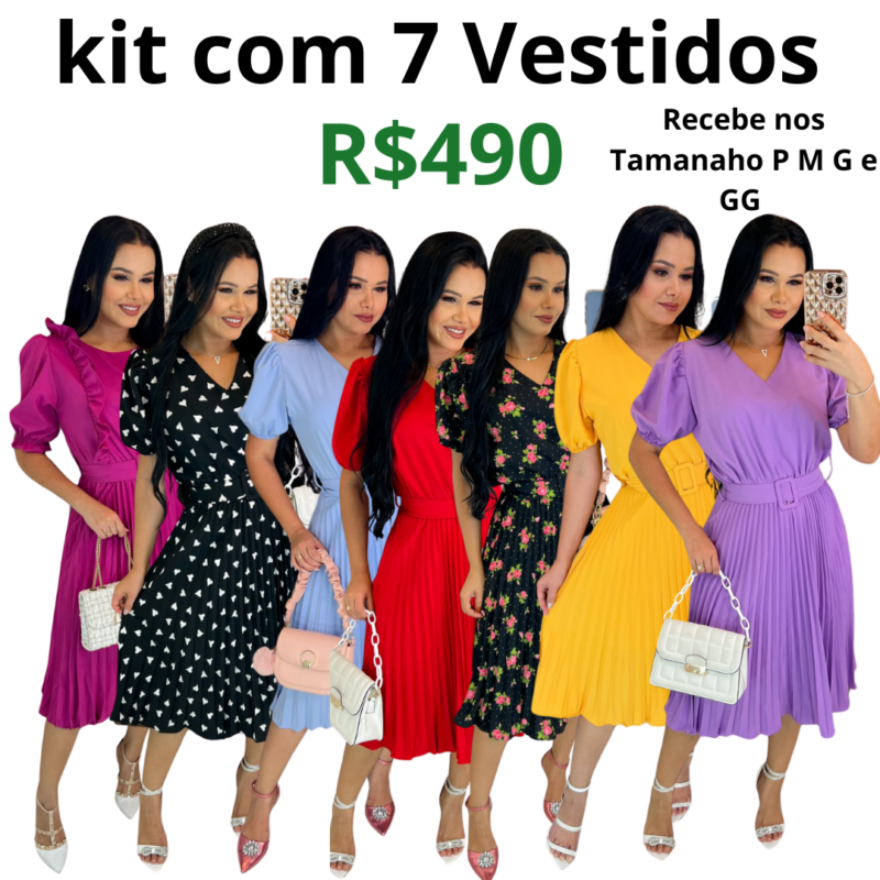 kit com 7 Vestido Plissado-Tecido Crepe Seda