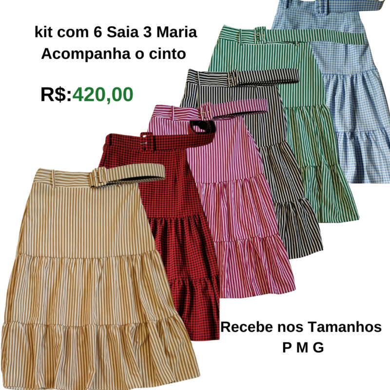 kit com 6 Saia de Crepe Seda Acompanha o Cinto