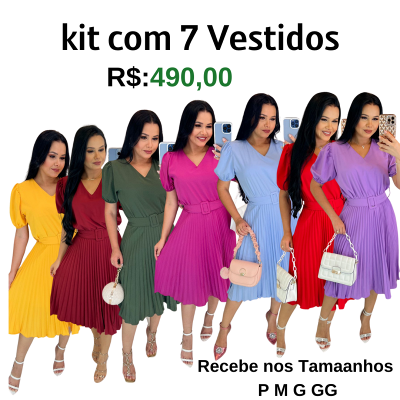 kit com 5 Vestido Plissado Midi- Tecido Crepe Seda