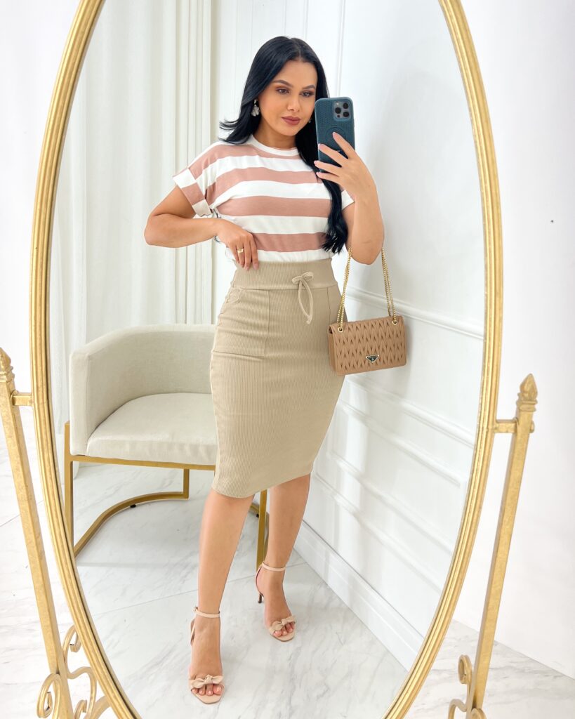 Saia Casual Midi Tecido Ana Ruga com elastano Bege