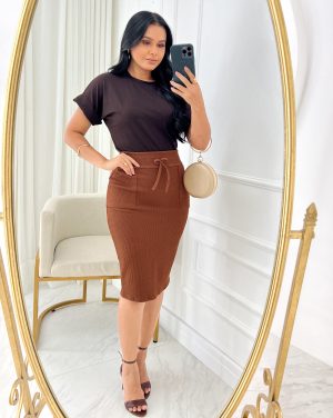 Conjunto Blusa+ Saia- Marrom Café
