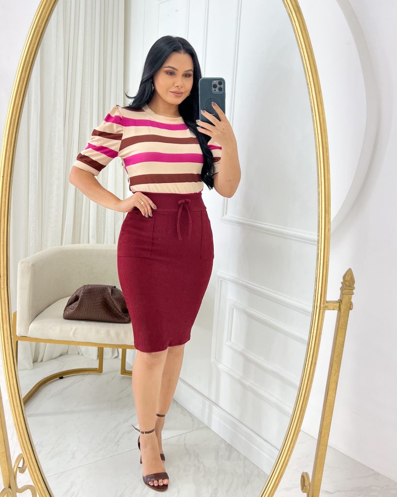 Saia Casual Midi Tecido Ana Ruga com elastano Marsala