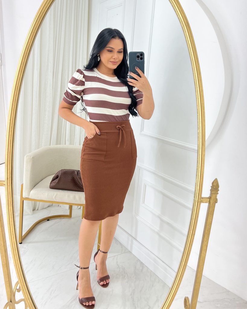 Saia Casual Midi Tecido Ana Ruga com elastano Marrom