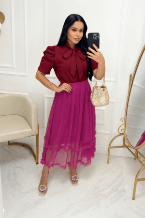 Saia Midi em Tule-Rose