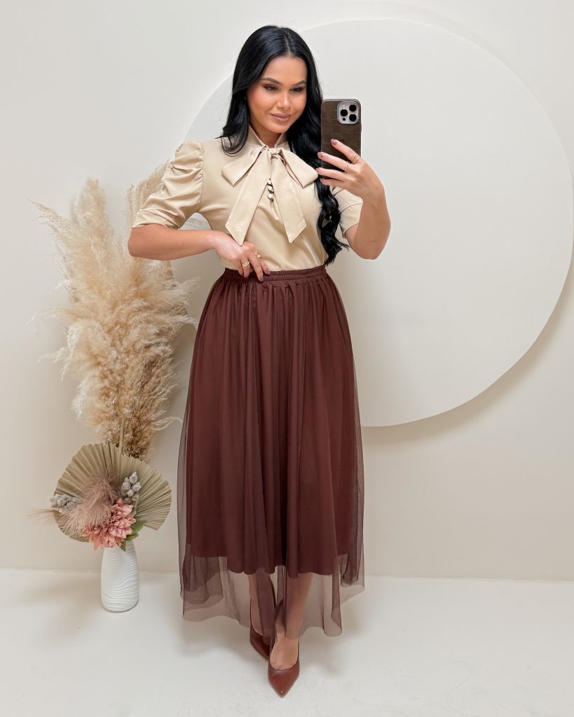 Saia Midi em Tule -Marrom