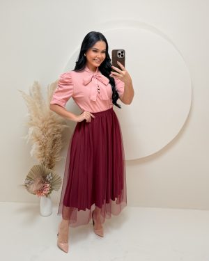 Conjunto Saia Midi em Tule + blusa Cor Rosé +saia marsala
