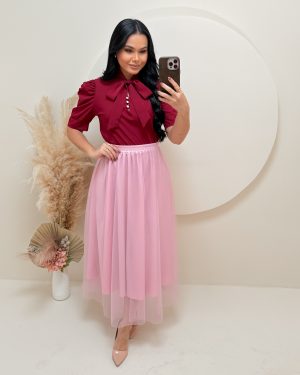 Saia Midi em Tule-Rosé