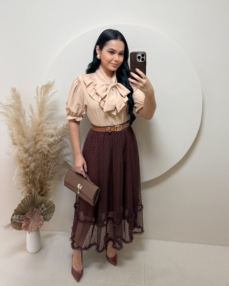Saia Midi em Tule- marrom