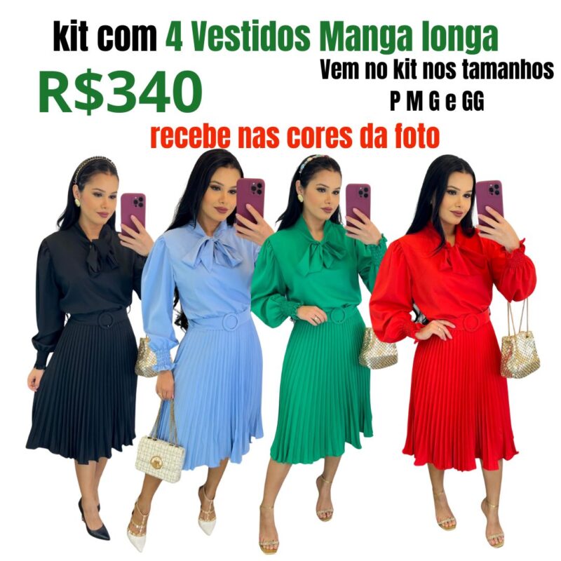 Kit 4 Vestidos Manga Longa