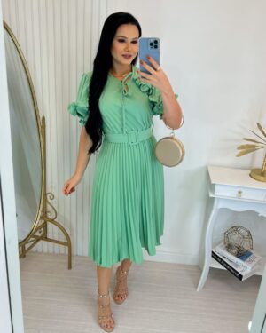 Vestido Plissado Midi Forrado Tecido Crepe Seda Verde