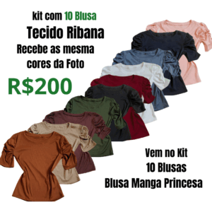 Kit Com 10 Blusa manga princesa tecido ribana