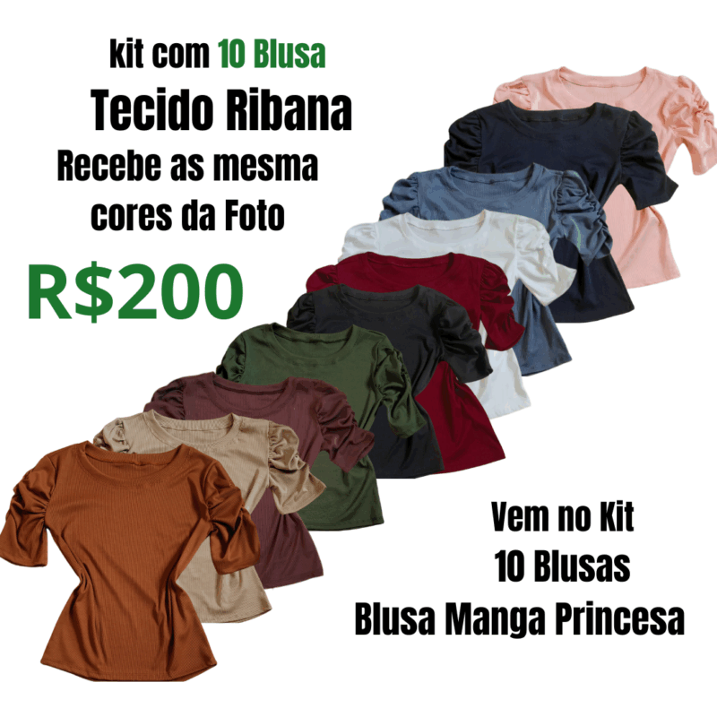 Kit Com 10 Blusa manga princesa tecido ribana