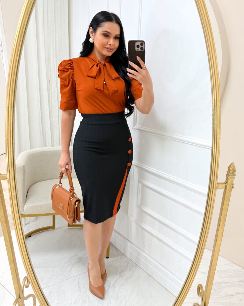 conjunto Saia Midi com botão + blusa Terra Cota