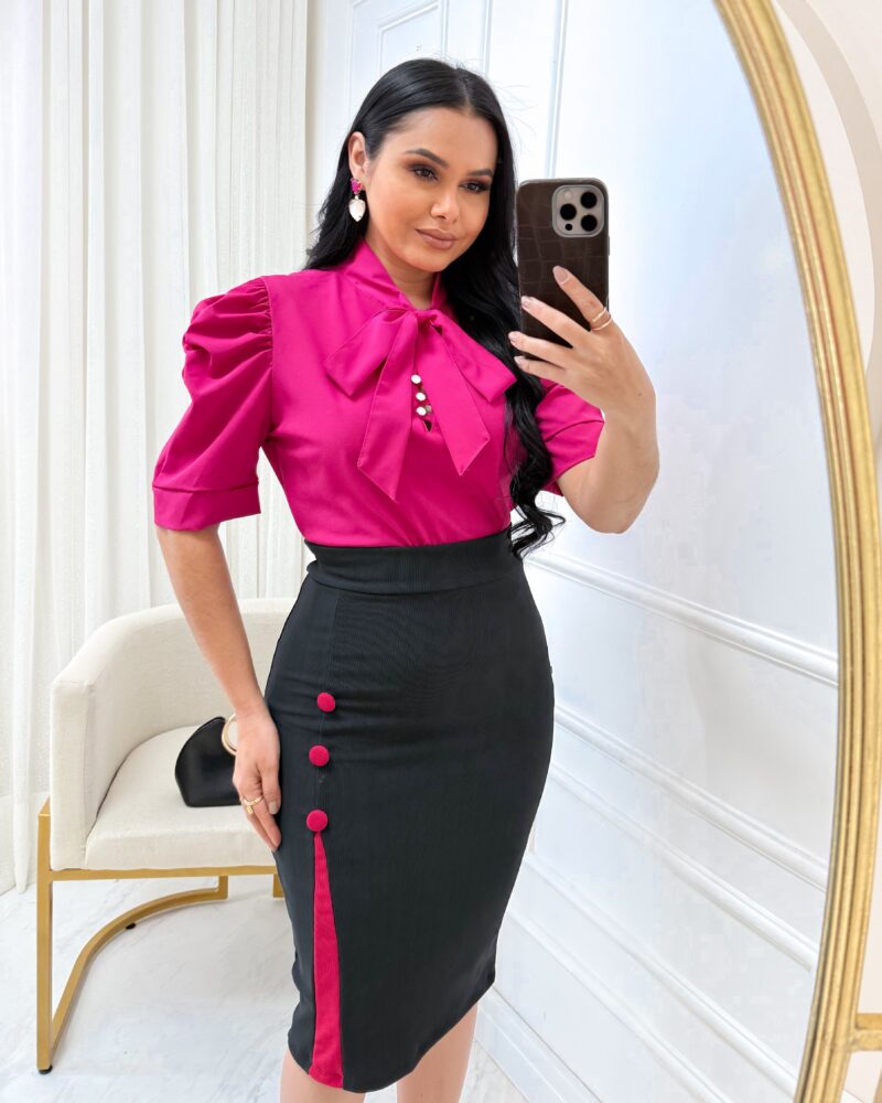 Saia Midi com botão Rosa Pink