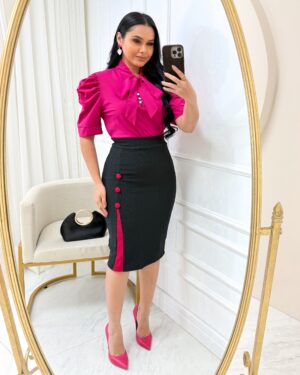 conjunto Saia Midi com botão + blusa Rosa Pink