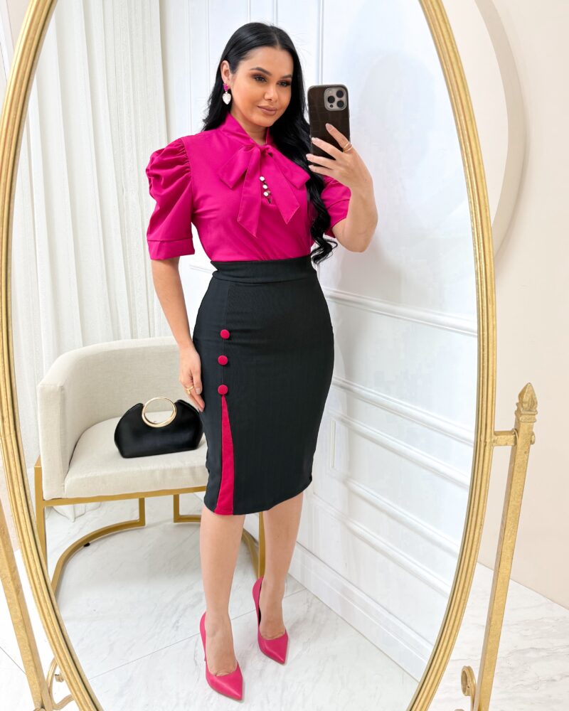 conjunto Saia Midi com botão + blusa Rosa Pink