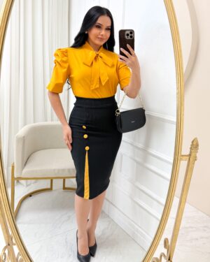 conjunto Saia Midi com botão + blusa Amarelo