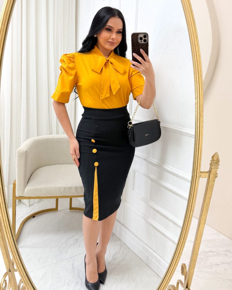 conjunto Saia Midi com botão + blusa Amarelo