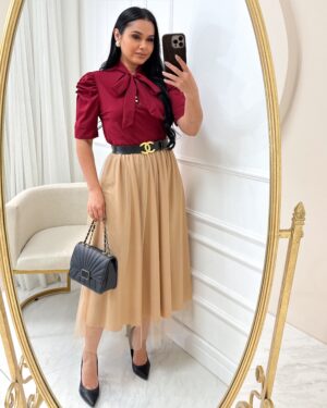 Conjunto Saia Midi em Tule + blusa Cor Marsala