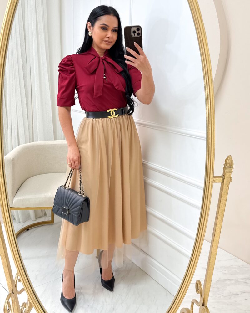 Conjunto Saia Midi em Tule + blusa Cor Marsala