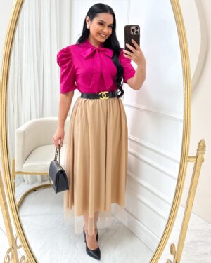 Conjunto Saia Midi em Tule + blusa Cor Rosa Pink