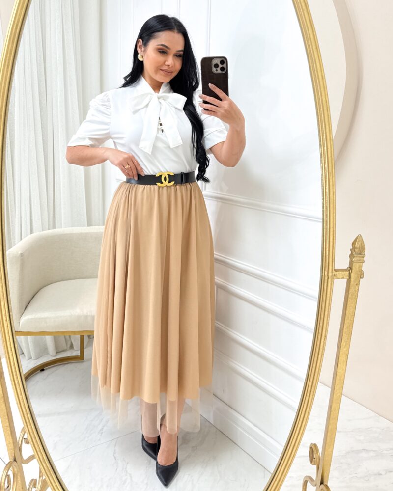 Conjunto Saia Midi em Tule + blusa Cor Branco