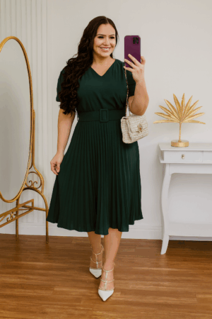 Vestido Plissado Cor Verde Escuro Midi Forrado - Tecido Crepe Seda