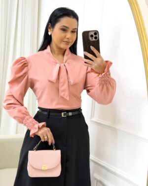 Blusa Manga Longa Tecido Crepe Seda Rosé
