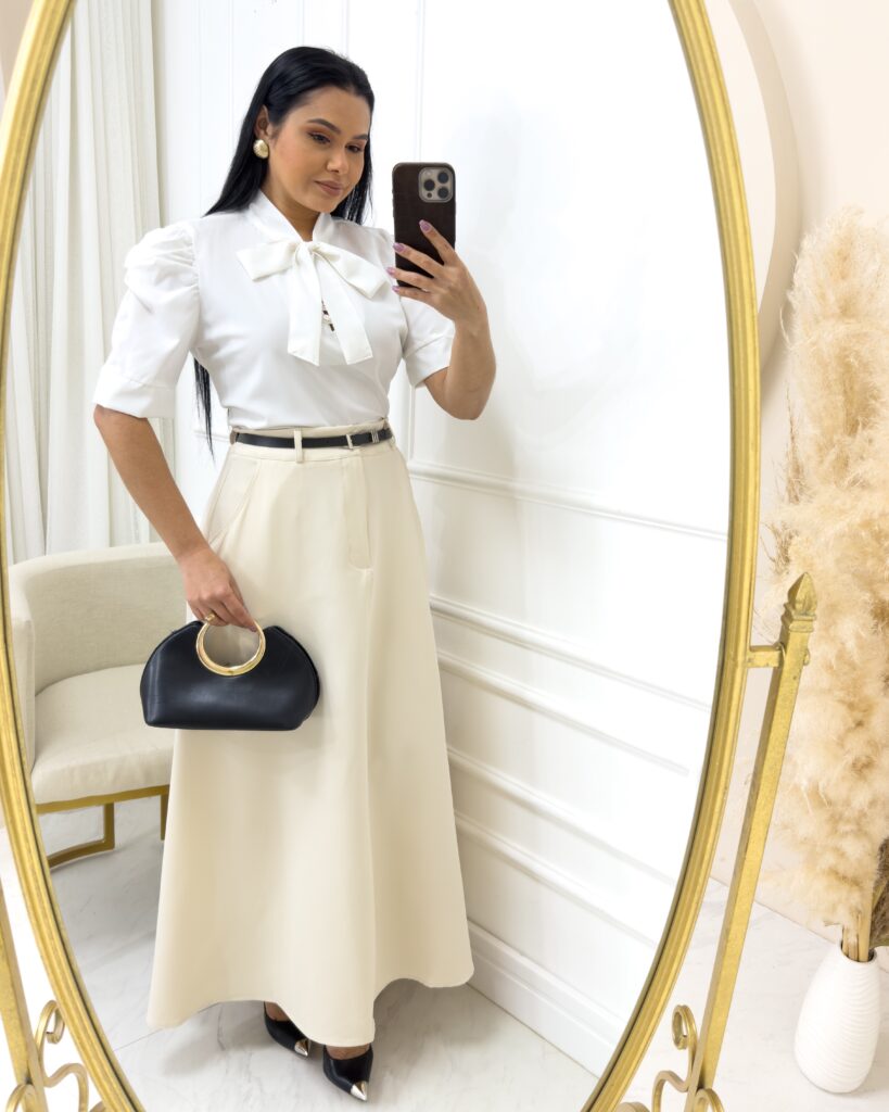 Saia Alfaiataria Longa Com Bolso Funcionais Bege,creme