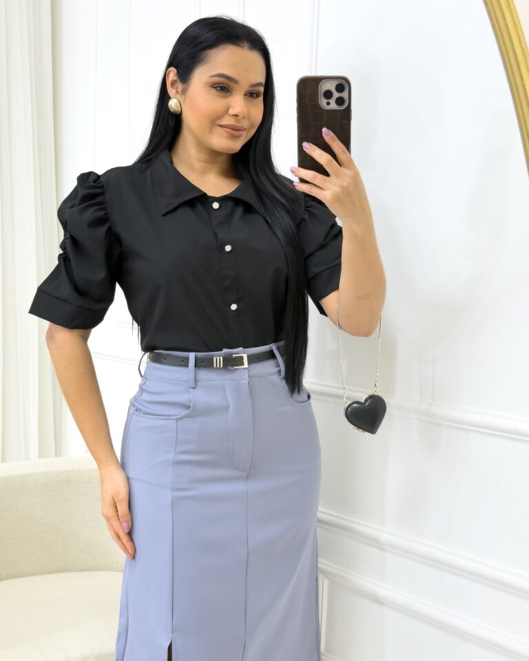 Blusa com gola Tipo camisa manga princesa Preto