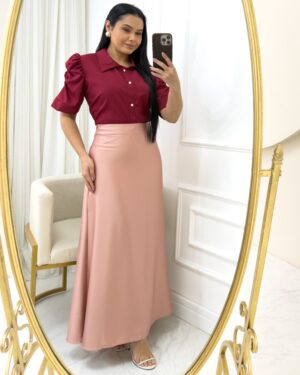 Saia Longa Feminina em Cetim Evasê Rosé