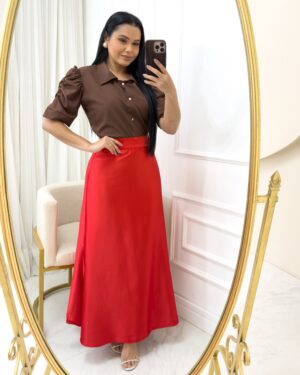 Saia Longa Feminina em Cetim Evasê Vermelho