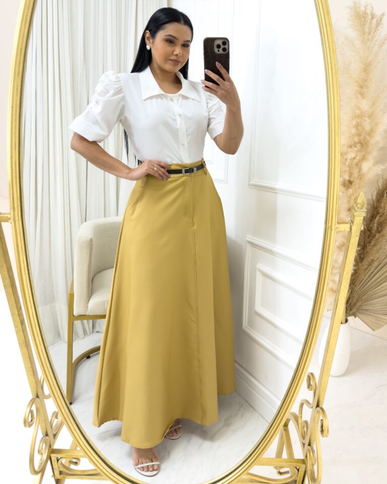 Saia Alfaiataria Longa Com Bolso Funcionais cor bege