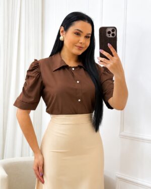 Blusa com gola Tipo camisa manga princesa marrom