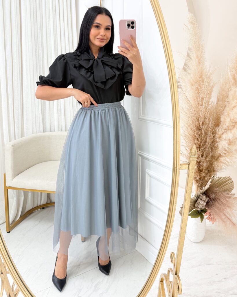 Saia Midi em Tule – Cinza