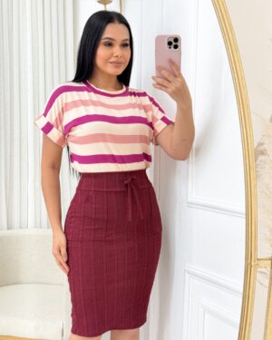 Saia Casual Midi Tecido Ana Ruga com elastano Marsala