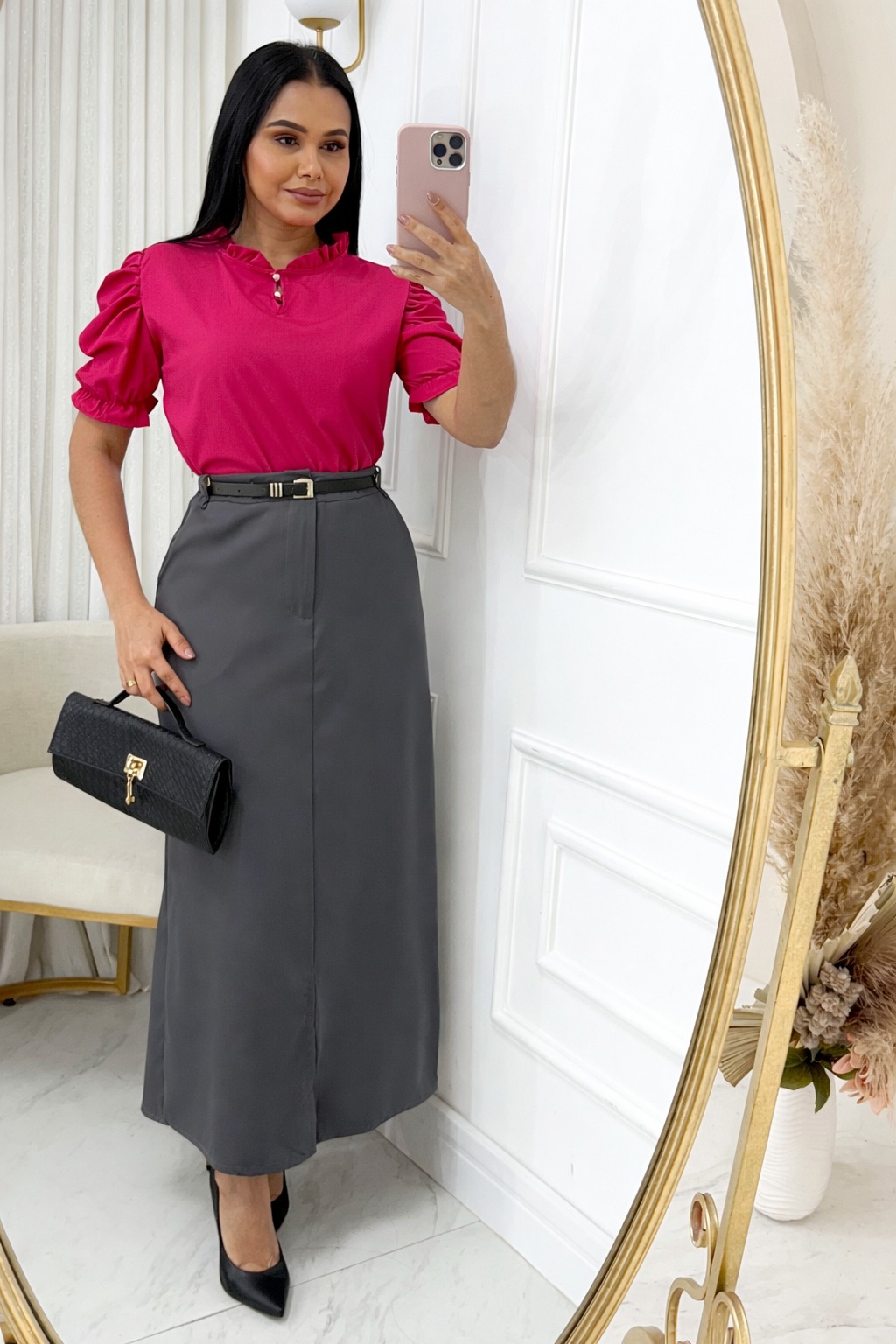 Saia Midi Tecido Alfaiataria com Cinto e com fenda na frente e Bolsos Funcionais cinza