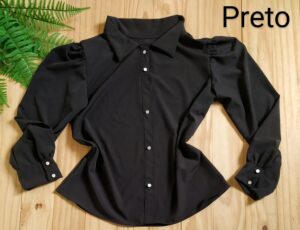 Camisa com gola Manga Longa Tecido Crepe Seda Preto