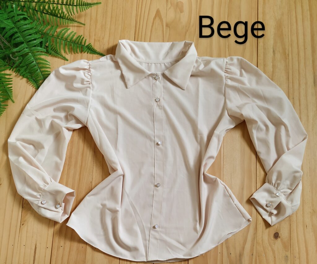 Camisa com gola Manga Longa Tecido Crepe Seda Bege