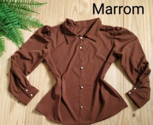 Camisa com gola Manga Longa Tecido Crepe Seda Marrom