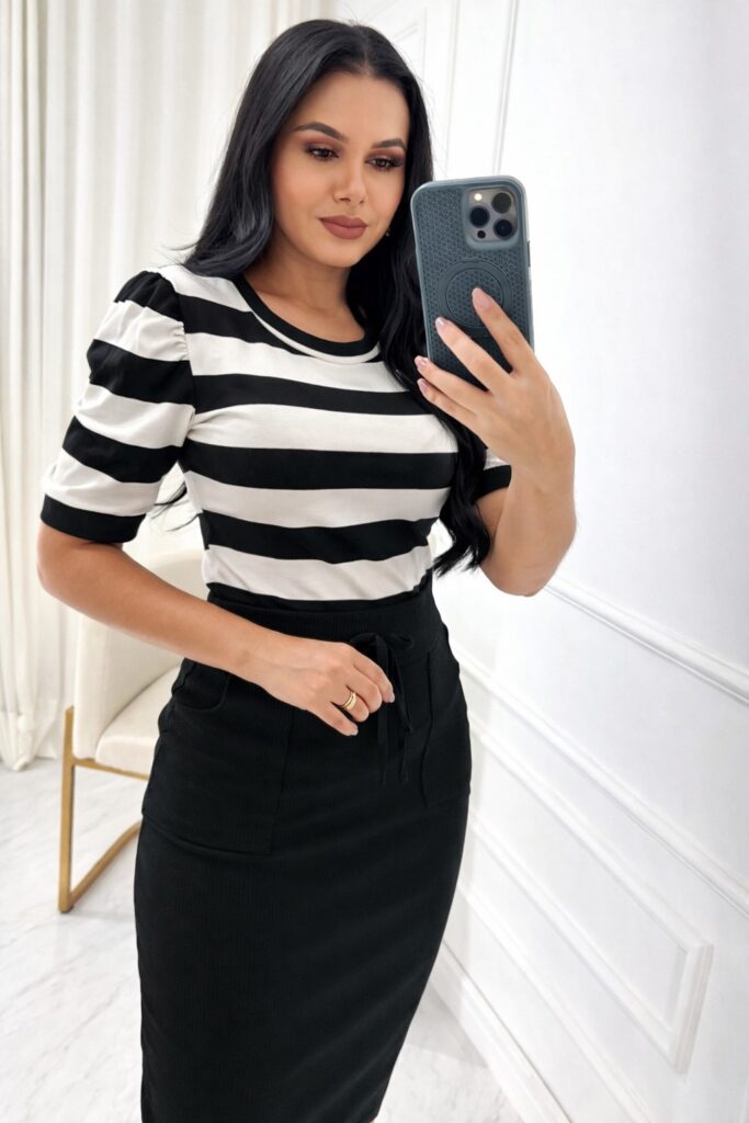 Blusa Manga Princesa Tecido Viscolaycra Preto