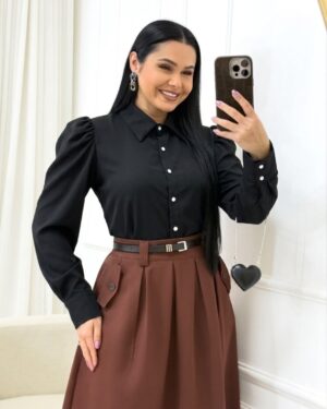 Camisa com gola Manga Longa Tecido Crepe Seda Preto