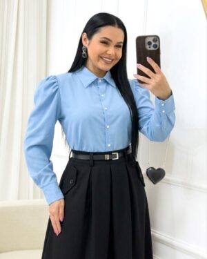 Camisa com gola Manga Longa Tecido Crepe Seda Azul bebe