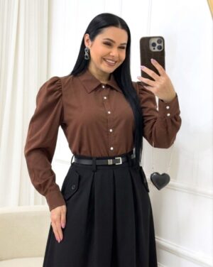 Camisa com gola Manga Longa Tecido Crepe Seda Marrom