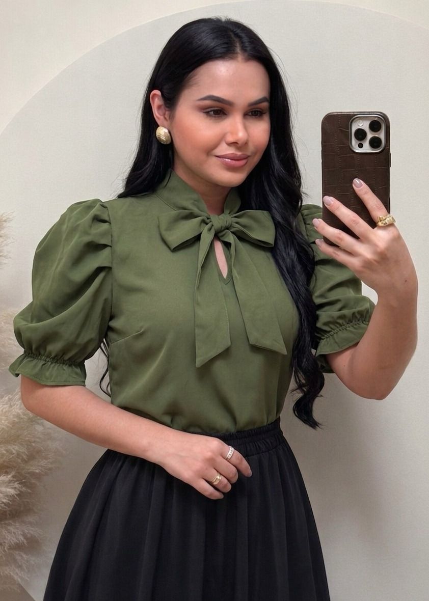 Blusa Tecido Crepe Seda Verde militar