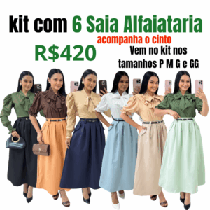 kit com 6 Saia Midi Tecido Alfaiataria com Cinto, Elástico nas Costas e Bolsos Funcionais