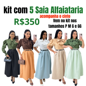 kit com 5 Saia Midi Tecido Alfaiataria com Cinto, Elástico nas Costas e Bolsos Funcionais